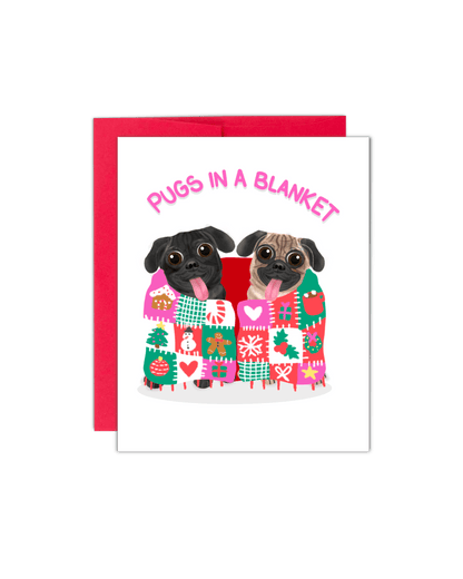 Pugs in A Blanket Christmas Card - Giordanelli Art